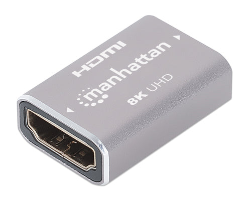 Manhattan HDMI Coupler, 8K@60Hz (Ultra High Speed), Female to Female, Straight Connection, Silver, 4K@120Hz, Connect HDMI cables up to 5m on each side, Works with all HDMI devices, Lifetime Warranty