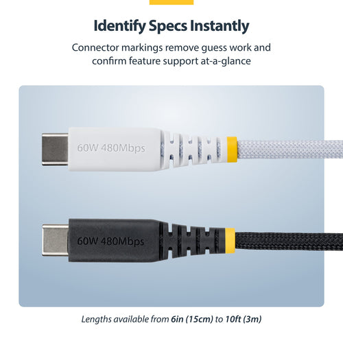 StarTech.com 10ft (3m) White USB-C Charging Cable, 60W (3A) PD, Dual-Layer Braided Nylon/TPE Jacket, Rugged USB C Charging Cord, USB 2.0 Laptop Charger Cable