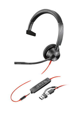 HP Poly Blackwire 3315 Monaural USB-C Headset +3.5mm Plug +USB-C/A Adapter
