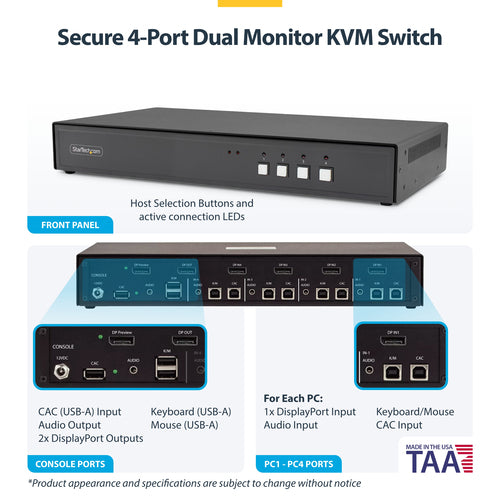 StarTech.com Secure 4-Port KVM Switch, DisplayPort, 4K 30Hz, NIAP 4.0 Desktop KVM, Metal Housing, Multi-View Preview Screen, CAC, Made in the USA