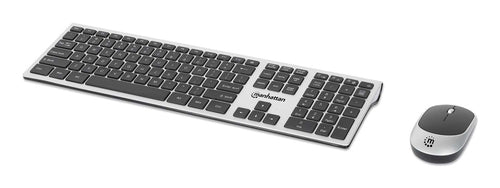 Manhattan One Single USB-A Nano Receiver for Both, Full-Size Wireless Keyboard, Ambidextrous Optical Mouse with Three Buttons and Scroll Wheel, 1200 dpi, Silver/Black