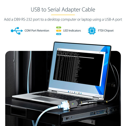 StarTech.com 3ft (1m) USB to Serial Adapter Cable, COM Retention, Interchangeable Screws/Nuts, USB-A to DB9 RS232, FTDI IC, ESD Protection, Windows/macOS/Linux
