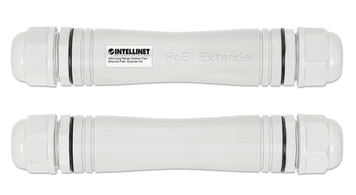 Intellinet Ultra Long Range Outdoor Fast Ethernet PoE+ Extender Kit Extends PoE up to 1000 m (3280 ft.), One PD Port up to 95 W, IEEE 802.3bt (4PPoE) Compatible, IP67 Waterproof and Dustproof, Set of Two Modules, Plastic, Gray