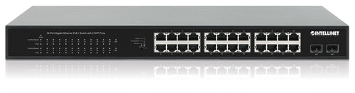 Intellinet 24-Port Gigabit Ethernet PoE+ Switch with 2 SFP Ports IEEE 802.3at/af (PoE+/PoE) Compliant, PoE Power Budget of 370 W, Two 1G SFP Open Slots, 19" Rackmount