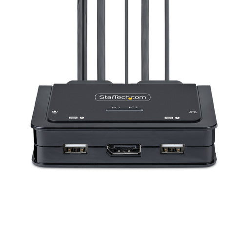 StarTech.com 2-Port USB-C Cable KVM Switch, 4K 60Hz DisplayPort Output, Compact KVM with 4ft/1.2m USB Type-C/Audio Integrated Cables, Bus Powered - Remote Push-Button/Hotkey Switching
