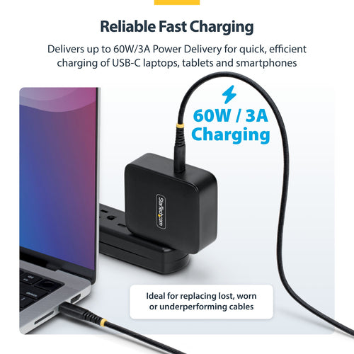 StarTech.com 3ft (91cm) USB-C Charging Cable, 60W (3A) PD, Dual-Layer Braided Nylon/TPE Jacket, Rugged USB C Charging Cord, USB 2.0 Laptop Charger Cable