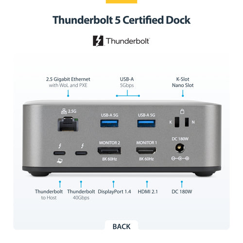 StarTech.com Thunderbolt 5 Universal Docking Station, Multi-Display Hub, 8K 60Hz or 4K 144Hz, 120Gbps Bandwidth Boost, 140W PD, 30W Phone Charging, USB 10Gbps, 2.5G LAN