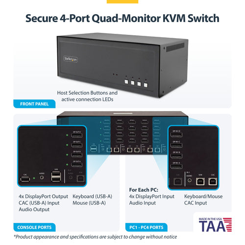 StarTech.com Secure 4-Port Quad-Monitor KVM Switch, DisplayPort, 4K 30Hz, NIAP 4.0 Desktop KVM, Metal Housing, CAC Port, Made in the USA
