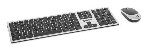 Manhattan One Single USB-A Nano Receiver for Both, Full-Size Wireless Keyboard, Ambidextrous Optical Mouse with Three Buttons and Scroll Wheel, 1200 dpi, Silver/Black
