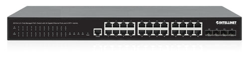 Intellinet 28-Port L2+ Fully Managed PoE+ Switch with 24 Gigabit Ethernet Ports and 4 SFP+ Uplinks IEEE 802.3at/af (PoE+/PoE) Compliant, 370 W PoE Power Budget, Layer 2+/Layer 3 Lite, Four 10G SFP+ Open Slots, Self-Healing Network, 19" Rackmount