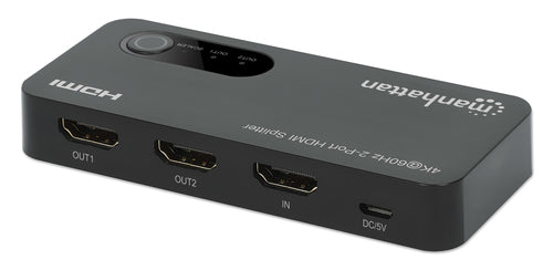 Manhattan 4K@60Hz 2-Port HDMI Splitter Splits One HDMI Input to Two HDMI Outputs (1x2), 18G, Micro-USB input for power, EDID Switch for Downscaling to 1080p, Black, 3 year warranty
