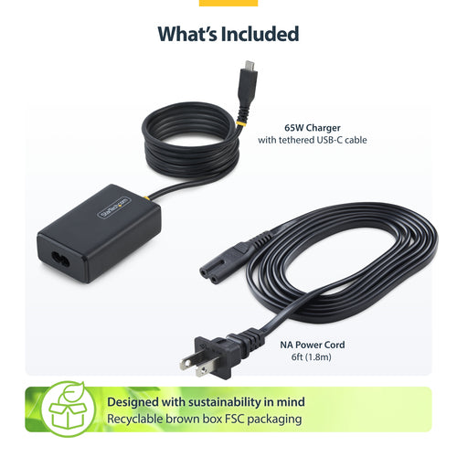 StarTech.com 65W USB-C Laptop Charger with 5ft (1.5m) Tethered USB-C Cable, Power Adapter Brick for Dell, XPS, HP ProBook, MacBook Pro, Microsoft Surface Pro