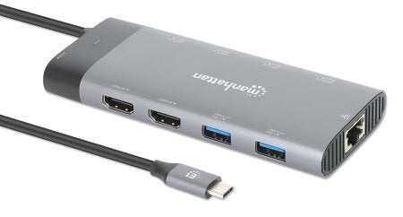 Manhattan USB-C Dock/Hub, Ports (x10): Ethernet, HDMI (x2 8k), USB-A (x5) and USB-C (x2), With Power Delivery (100W) to USB-C Port (Note additional USB-C wall charger and USB-C cable needed), USB 3.2 Gen 2, All Ports can be used at the same time,