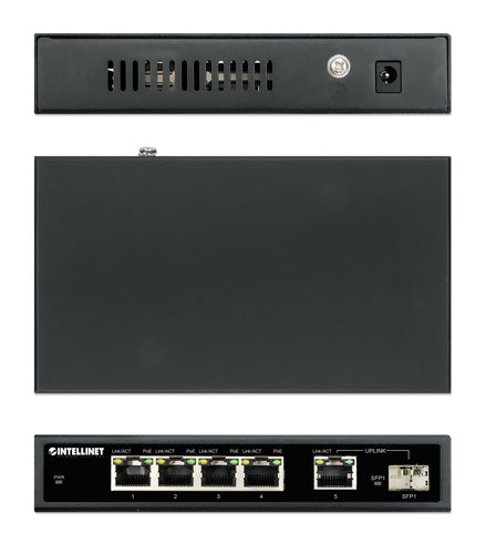 Intellinet 5-Port Gigabit Ethernet PoE+ Switch with SFP Port, Four PSE PoE Ports, IEEE 802.3at/af (PoE+/PoE) Compliant, PoE Power Budget of 91 W, Desktop Format, Wall-mount Option
