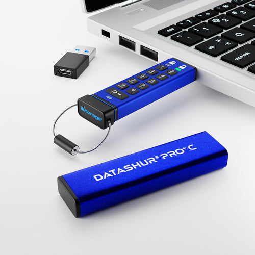 iStorage datAshur PRO+C 512GB | FIPS 140-3 Level 3 Certified | Secure USB Type-C drive | AES-XTS 256-bit Hardware Encryption | PIN protected | Type C-A adapter included