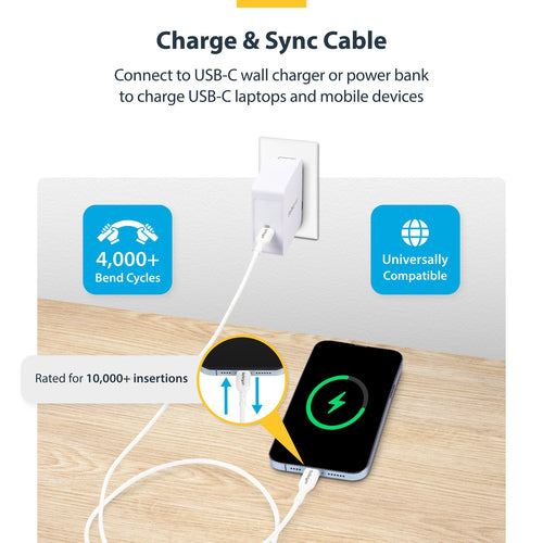 StarTech.com 2-Pack 6ft (1.8m) USB-C Charging Cable, Charge & Sync, 60W (3A) PD, USB 2.0 Laptop Charger Cable, TPE Jacket - White USB C Charging Cord