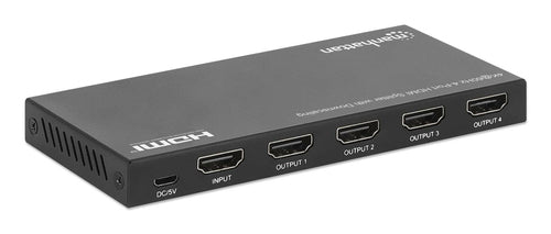 Manhattan HDMI Splitter with downscaling 4-Port , 4K@60Hz, Displays output from x1 HDMI source to x4 HD displays (same output to four displays), Downscale button to adjust a 4K input signal into 1080p, Micro-USB to USB-A power cable included (cable