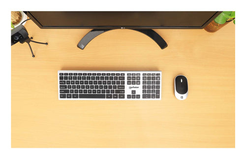 Manhattan One Single USB-A Nano Receiver for Both, Full-Size Wireless Keyboard, Ambidextrous Optical Mouse with Three Buttons and Scroll Wheel, 1200 dpi, Silver/Black