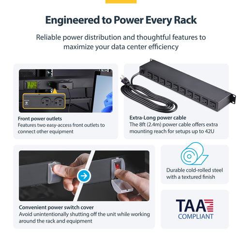 StarTech.com 12-Outlet Horizontal Rack Mount Metered PDU, 1U Server Power Strip w/Surge Protector, 125V/15A, 8ft (2.4m) Power Cable, Power Distribution Unit, TAA