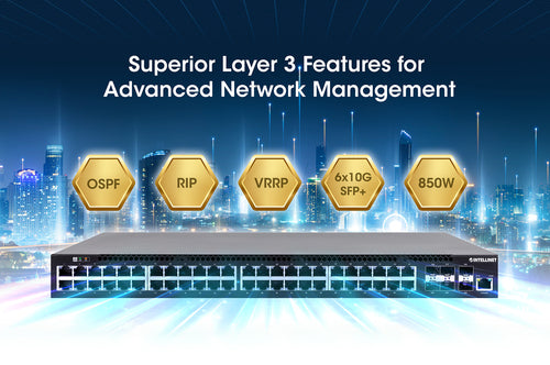 Intellinet 54-Port L3 Fully Managed PoE+ Switch with 48 Gigabit Ethernet Ports and 6 SFP+ Uplinks
