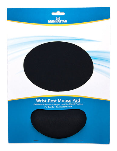 Manhattan Wrist Gel Support Pad and Mouse Mat, Black, 241 × 203 × 40 mm, non slip base, Lifetime Warranty, Card Retail Packaging