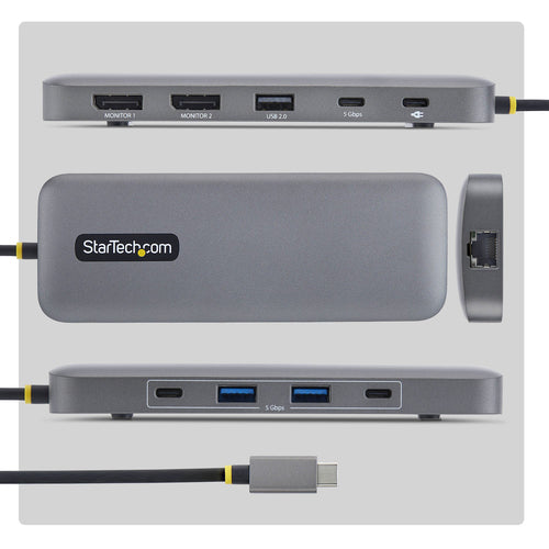 StarTech.com 10-in-1 USB-C to Dual-DisplayPort Multiport Adapter, 100W Power Delivery Charging, 2x 4K 60Hz, 5-Port 5Gbps Hub, Gigabit Ethernet, Type-C Mini Dock