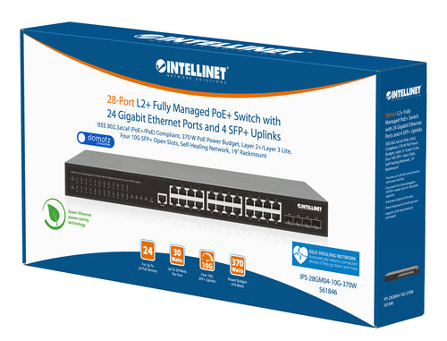 Intellinet 28-Port L2+ Fully Managed PoE+ Switch with 24 Gigabit Ethernet Ports and 4 SFP+ Uplinks IEEE 802.3at/af (PoE+/PoE) Compliant, 370 W PoE Power Budget, Layer 2+/Layer 3 Lite, Four 10G SFP+ Open Slots, Self-Healing Network, 19" Rackmount