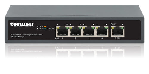 Intellinet 5-Port Gigabit Switch with PoE Passthrough, One IEEE 802.3bt (PoE++ / 4PPoE) PD PoE Port with 95 W Power Input, Four PSE PoE ports, PoE Power Budget up to 65 W, IEEE 802.3at/af Compliant Output, Desktop, Wall-mount Option