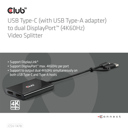 CLUB3D USB Type-C (with USB Type-A adapter) to dual DisplayPort™(4K60Hz) Video Splitter