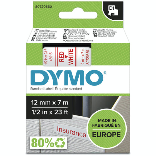 DYMO Authentic D1 Labels | Red Print on White Tape | 12 mm x 7 m | Self-Adhesive Labels for LabelManager Label Makers | Made in Europe