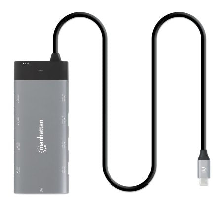 Manhattan USB-C Dock/Hub, Ports (x10): Ethernet, HDMI (x2 8k), USB-A (x5) and USB-C (x2), With Power Delivery (100W) to USB-C Port (Note additional USB-C wall charger and USB-C cable needed), USB 3.2 Gen 2, All Ports can be used at the same time,