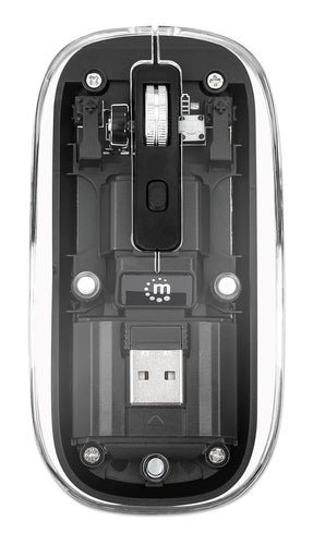 Manhattan Transparent Rechargeable Wireless Mouse, Clear/Black, Adjustable 800/1200/1600dpi, With RGB LED light, 2.4Ghz (effective range up to 10m), USB, Optical, Ambidextrous, Four Button with Scroll Wheel, Slim Design, USB-A micro receiver, Lithium Ion
