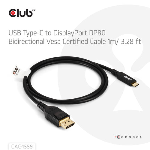 CLUB3D USB Type C Cable to DP 2.1 Bi-Directional VESA DP80 Certified Cable M/M 1m/3.28ft