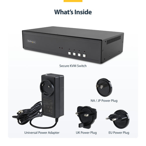 StarTech.com Secure 4-Port Quad-Monitor KVM Switch, 2x DP In to 4x HDMI Out, 4K 30Hz, NIAP 4.0 Desktop KVM, Metal Housing, CAC Port, Made in the USA