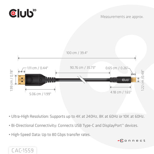 CLUB3D USB Type C Cable to DP 2.1 Bi-Directional VESA DP80 Certified Cable M/M 1m/3.28ft