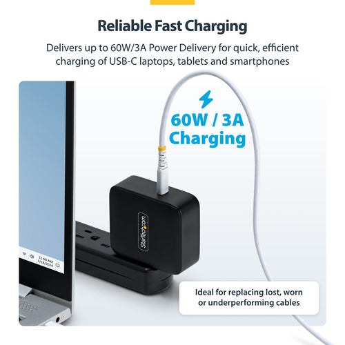 StarTech.com 1ft (30cm) White USB-C Charging Cable, 60W (3A) PD, Dual-Layer Braided Nylon/TPE Jacket, Rugged USB C Charging Cord, USB 2.0 Laptop Charger Cable