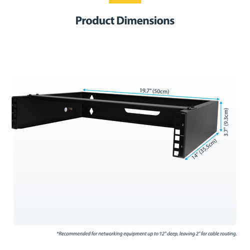 StarTech.com 2U Wall Mount Network Rack - 14In. Deep (Low Profile) - 19" Patch Panel Bracket for Shallow Server, IT Equipment, Network Switches - 77lbs/35kg Weight Capacity, Black