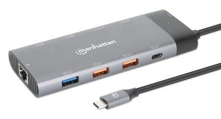 Manhattan USB-C Dock/Hub, Ports (x10): Ethernet, HDMI (x2 8k), USB-A (x5) and USB-C (x2), With Power Delivery (100W) to USB-C Port (Note additional USB-C wall charger and USB-C cable needed), USB 3.2 Gen 2, All Ports can be used at the same time,