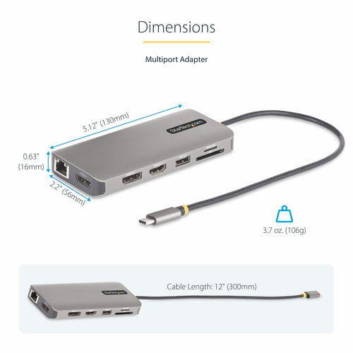 StarTech.com USB-C Triple-Monitor Multiport Adapter, Dual 4K 60Hz + 4K 30Hz HDMI & DisplayPort, 4-Port USB Hub, 100W PD Pass-Through, GbE, SD/MicroSD Card Readers