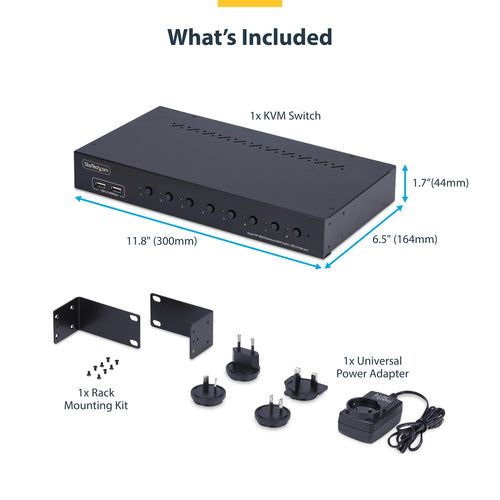 StarTech.com 8-Port DisplayPort KVM Switch with 1U Rack Mount Kit, 4K 60Hz DP 1.2, Push-Button & Hotkey Switching, 4-Port USB Hub, OS Independent, TAA Compliant