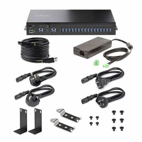 StarTech.com 16-Port Industrial USB 5Gbps Hub with Power Adapter, Metal Enclosure, Mountable, ESD Protection, Terminal Block Power, USB Charging, Dual-Host Switch - TAA