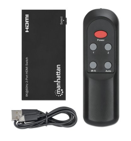 Manhattan HDMI Switch 2-Port, 8K@60Hz, Connects x2 HDMI sources to x1 display, Automatic Switching, Includes Micro-USB to USB-A power cable, Black, Three Year Warranty