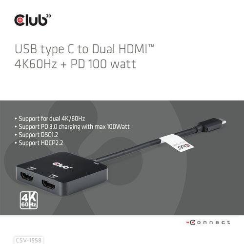 CLUB3D USB-C® Hub to Dual HDMI™ 4K60Hz M/F+PD3.0 100 Watt