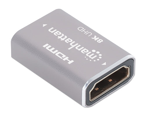 Manhattan HDMI Coupler, 8K@60Hz (Ultra High Speed), Female to Female, Straight Connection, Silver, 4K@120Hz, Connect HDMI cables up to 5m on each side, Works with all HDMI devices, Lifetime Warranty