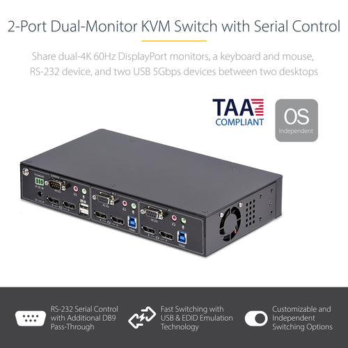 StarTech.com 2-Port Dual-Monitor DisplayPort KVM Switch, RS232 Serial Control, 4K 60Hz, 2x USB 5Gbps Hub Ports, 2x USB 2.0 HID Ports, Hotkey/Pushbutton Switching, TAA Compliant - Includes 2x DP and USB Host Cables
