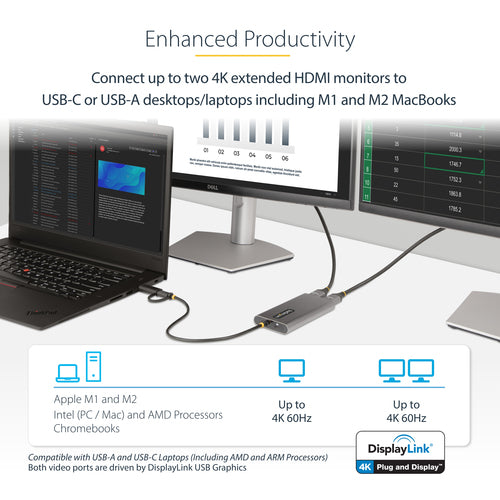 StarTech.com USB-C to Dual-HDMI Adapter - USB-C or A to 2x HDMI - 4K 60Hz - 100W Power Delivery Pass-Through - 1ft (30cm) Built-in Cable - USB to HDMI Multi-Monitor Converter for Laptop - TAA