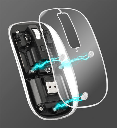 Manhattan Transparent Rechargeable Wireless Mouse, Clear/Black, Adjustable 800/1200/1600dpi, With RGB LED light, 2.4Ghz (effective range up to 10m), USB, Optical, Ambidextrous, Four Button with Scroll Wheel, Slim Design, USB-A micro receiver, Lithium Ion
