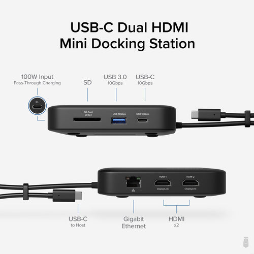 Plugable Technologies 7-in-1 USB C Docking Station Dual Monitor - Dual HDMI Dock is Compatible with Mac and Windows, USB4, Thunderbolt or USB-C, 100W PD, 2x HDMI, 1x USB-C, 1Gbps Ethernet, 1x USB 3.0, 1x SD Card
