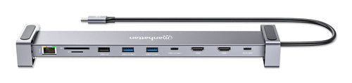 Manhattan USB-C Dock/Hub with Card Reader and MST, Ports (x7): Ethernet, HDMI (x2 4k@60Hz), USB-A (x3) and USB-C, with Power Delivery (PD) 100W- requires external USB-C charger (not included). USB powered (no external power supply required) when PD is