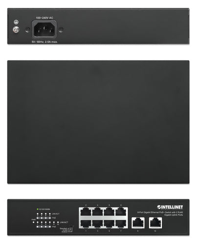 Intellinet 8-Port Gigabit Ethernet PoE+ Switch with 2 RJ45 Gigabit Uplink Ports, IEEE 802.3at/af Power over Ethernet (PoE+/PoE) Compliant, 120 W, Endspan, Desktop (WITH C14 2 PIN POWER CORD)